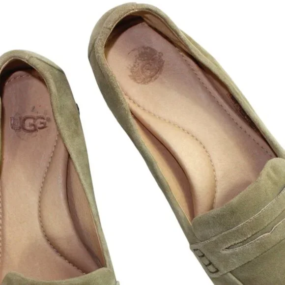 UGG Elise Tan Khaki Suede Penny Loafers Studded Heel Boho Chic Size 6.5 - Picture 8 of 11